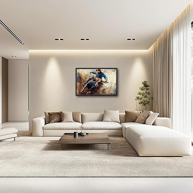 Framed Large Western Cowboy Wall Art, Oversized Rustic Cow Wall Decor for Living Room, Dusty Canvas Painting Pictures Vintage Artwork Home Decoration for Living Room Bedroom Office 36"x24"-PawvioPets