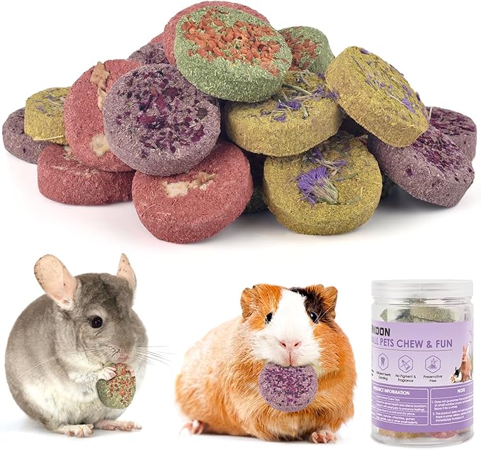 ERKOON 24Pcs Bunny Chew Toys, Small Animal Molar Toys Timothy Grass Beet Sweet Potato Pumpkin Cake Treats for Guinea Pig Hamster Bunny Chinchilla Gerbil, 100% Natural Rabbit Chews and Treats-PawvioPets