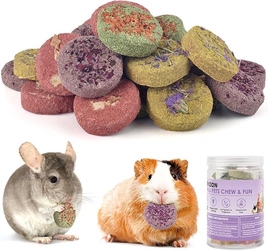ERKOON 24Pcs Bunny Chew Toys, Small Animal Molar Toys Timothy Grass Beet Sweet Potato Pumpkin Cake Treats for Guinea Pig Hamster Bunny Chinchilla Gerbil, 100% Natural Rabbit Chews and Treats-PawvioPets