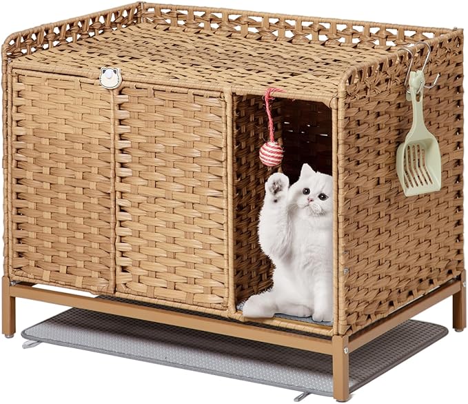 Cat Litter Box Enclosure Furniture with Divider, Handwoven Rattan Litter Box with Mat, 31.2 x 19.6 x 24.2 Inches, Metal Heightened Feet, Hidden Cat House for Living Room, Bedroom (Natural)-PawvioPets