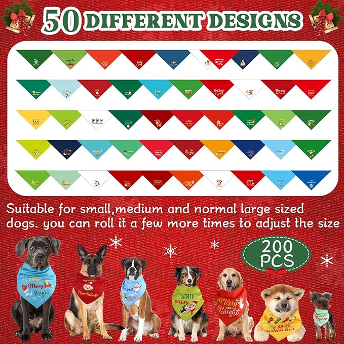 200 Pcs Christmas Dog Bandana Bulk with Sayings Pet Bandanas Triangle Scarf Bibs Washable Puppy Kerchief Adjustable Grooming Supplies for Small Medium Large Dog Cat Costume Accessories-PawvioPets