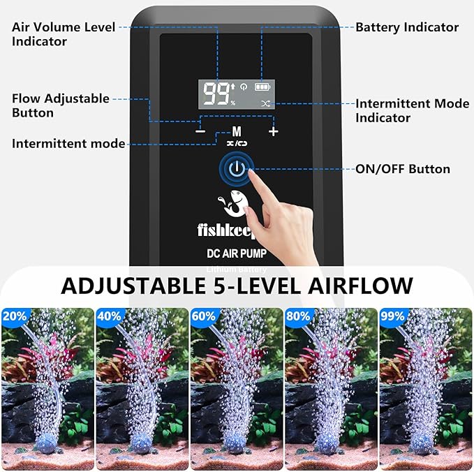 fishkeeper Rechargeable Aquarium Air Pump, 8W 130GPH Ultra Quiet Fish Tank Air Pump for 10-120 Gallon Tanks Adjustable Oxygen Aerator Pump for Outdoor-Fishing, Power Outages and Emergency-PawvioPets