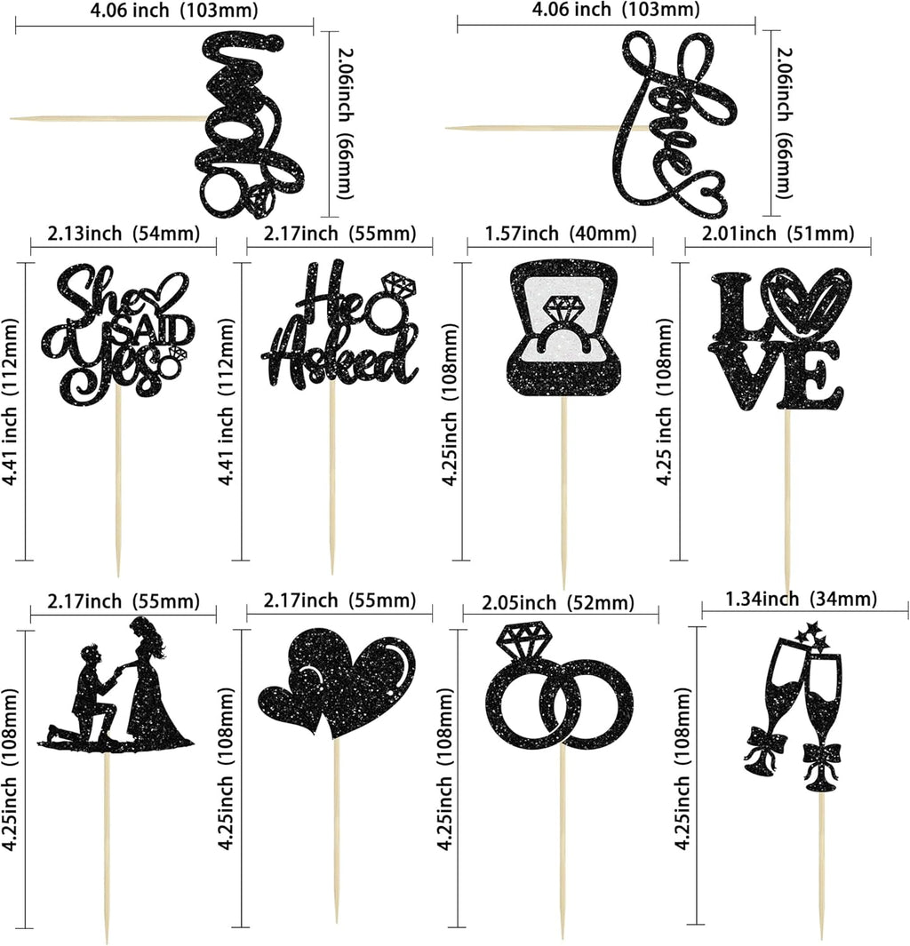 Ephlyn 30Pcs He Asked She Said Yes Cupcake Toppers Glitter Engagement Cupcake Toppers Diamond Ring Heart Love I Do Cupcake Picks for Engagement Wedding Party Cake Decorations Black