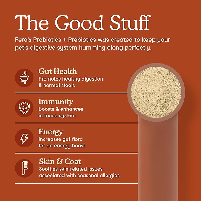 Fera Pets Probiotics for Dogs & Cats with Prebiotics - USDA Organic - Gut Health Powder Supplement with 12 Strains and 5 Billion CFUs - Supports Immunity, Energy and Skin & Coat - 60 Scoops-PawvioPets