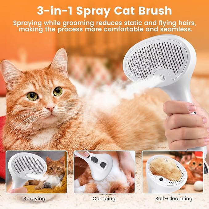 3 in 1 Cat Steam Brush for Cats & Dogs, Pet Spray Hair Removal Comb for Shedding & Grooming, Rechargeable Water Brush for Long & Short Haired Pets with Release Button(White)-PawvioPets