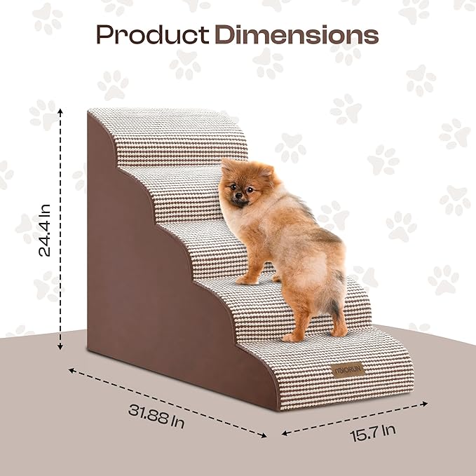 Curved Dog Stairs for High Bed Up to 26", 5-Step Dog Ramp for Small Dogs with Washable Cover, Non-Slip Steps for Cats to Get on Couch and Sofa, Durable Foam Ladder for Medium Breeds, White Coffee-PawvioPets