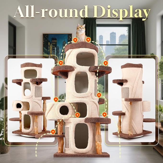 69.69'' Modern Cat Tree for Indoor Cats Large Adult, Luxury Cat Tower with Scratching Post, Multi Level Spacious Condo, Heavy Duty Kitty House, Sturdy Cat Activity Center for Large Cat-PawvioPets