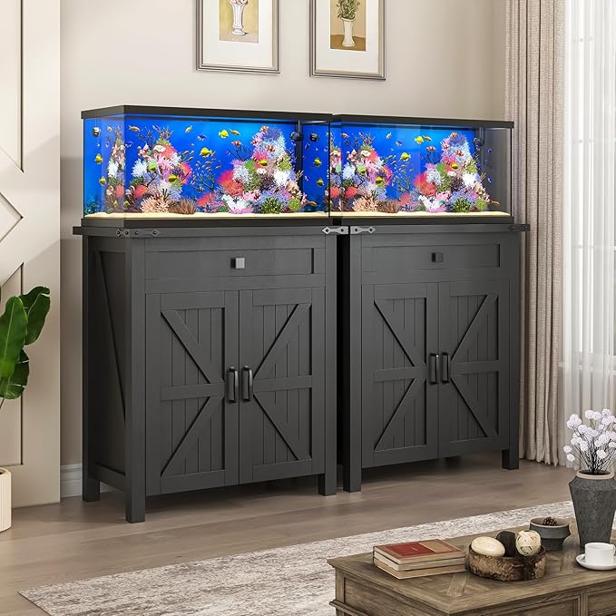 20 Gallon Aquarium Stand With Charging Station, Farmhouse Fish Tank Stand, Reptile Tank Stand Terrarium Stand with Drawer and Cabinet Storage, Sturdy Heavy Duty 27.6"×15.7" Tabletop - Black-PawvioPets