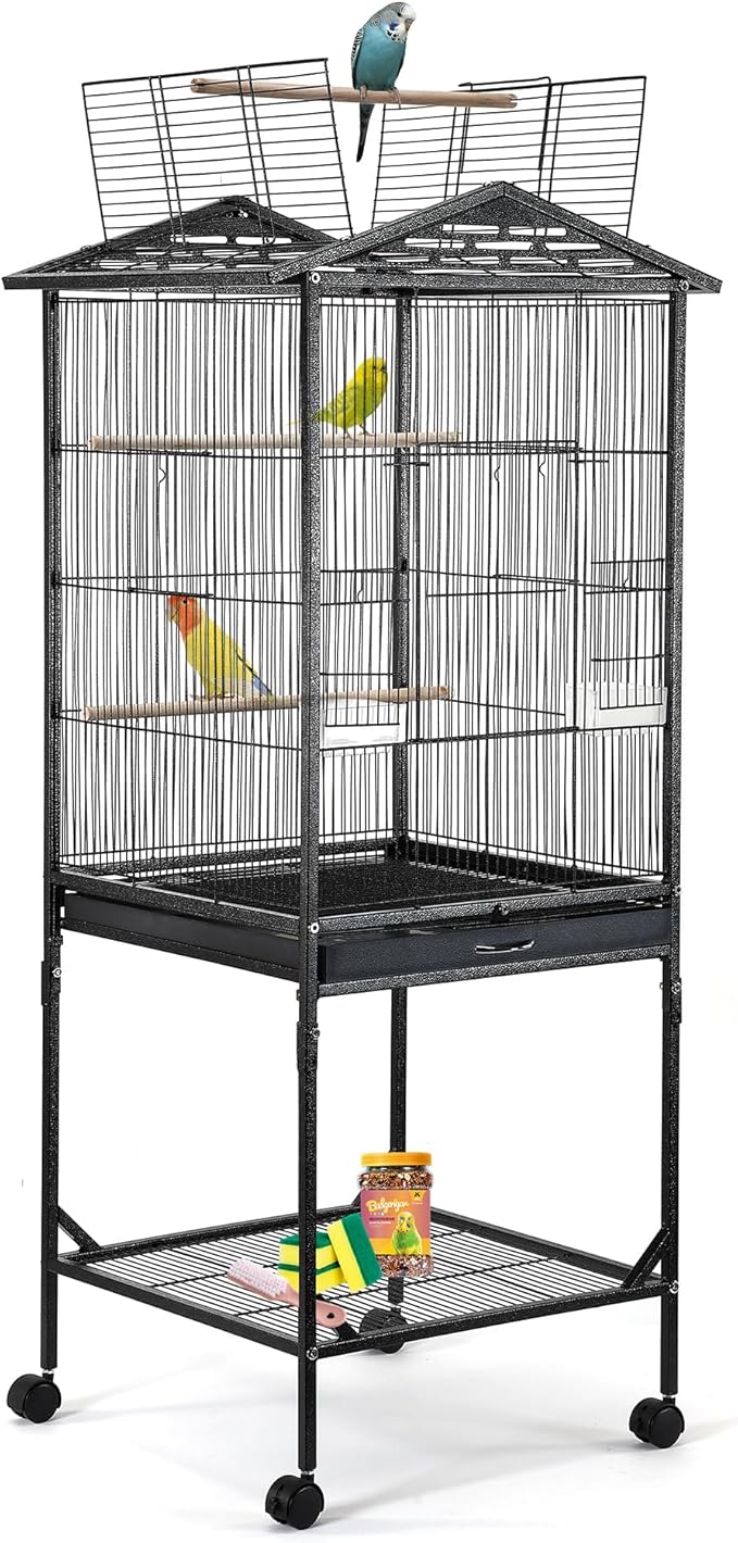 Bird Cage 47 inch Wrought Iron Parakeets Cage with Play Open Top and Rolling Stand Medium Small Bird Cage for Parrots, Budgerigars, Parakeets, Cockatiels, Lovebirds-PawvioPets