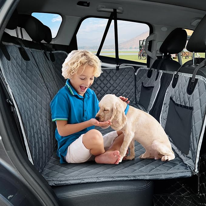 Back Seat Extender for Dog,Waterproof Hard Bottom Dog Car Seat Cover for Back Seat Protector,Foldable Camping Pet Hammock Bed,Easy Clean Travelling Accessories Car SUV Truck (Gray)-PawvioPets