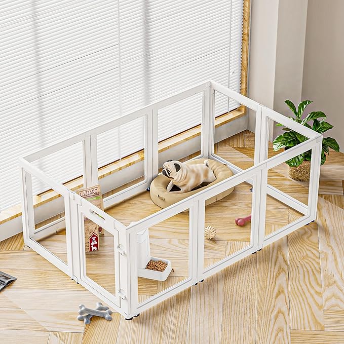 Dog Playpen Transparent Puppy Playpen Indoor, Easy Assemble & Disassemble Clear Pet Playpen, Sturdy & Easy Cleaning Plastic Dog Fence with Suction Cup (23.6"" H, 10PCS), White-PawvioPets