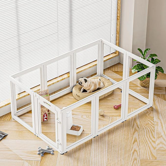 Dog Playpen Transparent Puppy Playpen Indoor, Easy Assemble & Disassemble Clear Pet Playpen, Sturdy & Easy Cleaning Plastic Dog Fence with Suction Cup (23.6"" H, 10PCS), White-PawvioPets