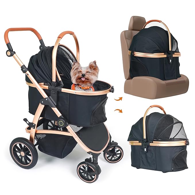 3 in 1 Pet Stroller - Stroller for Small to Medium Dogs and Cats up to 55 lbs, with Detachable Carrier/Car Seat, Foldable and Lightweight, Detachable Cushion + Cup Holder (Black/Gold)-PawvioPets
