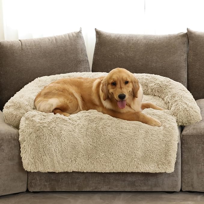 Calming Dog Bed Fluffy Plush Dog Mat for Furniture Protector with Removable Washable Cover for Large Medium Small Dogs and Cats (Extra Large (53x39.3x6), Beige)-PawvioPets