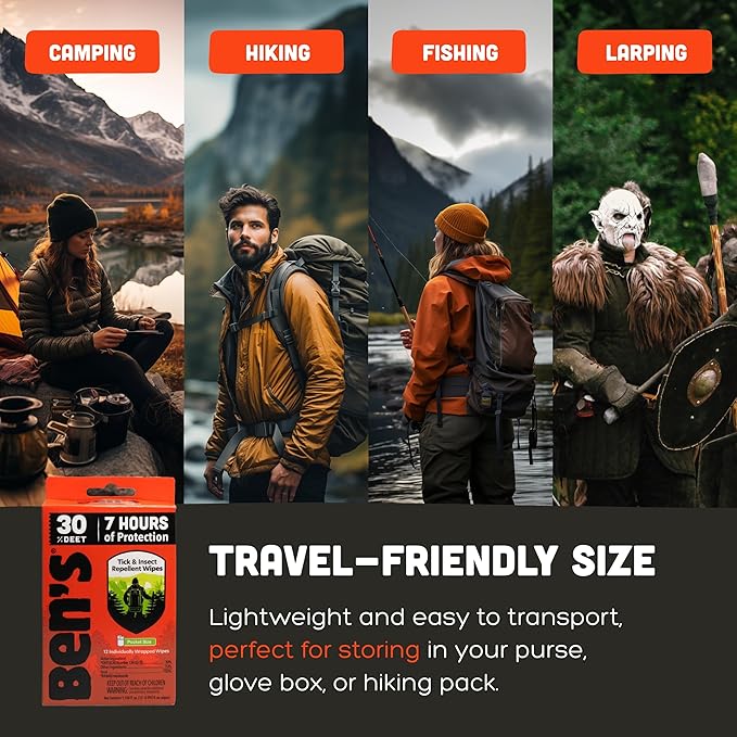 Ben's Tick & Insect Repellent Wipes - 30% DEET for Mosquitoes, Ticks & More - Up to 7 Hours of Protection - Alcohol- & Fragrance-Free - 12 Wipes (4 Pack)-PawvioPets