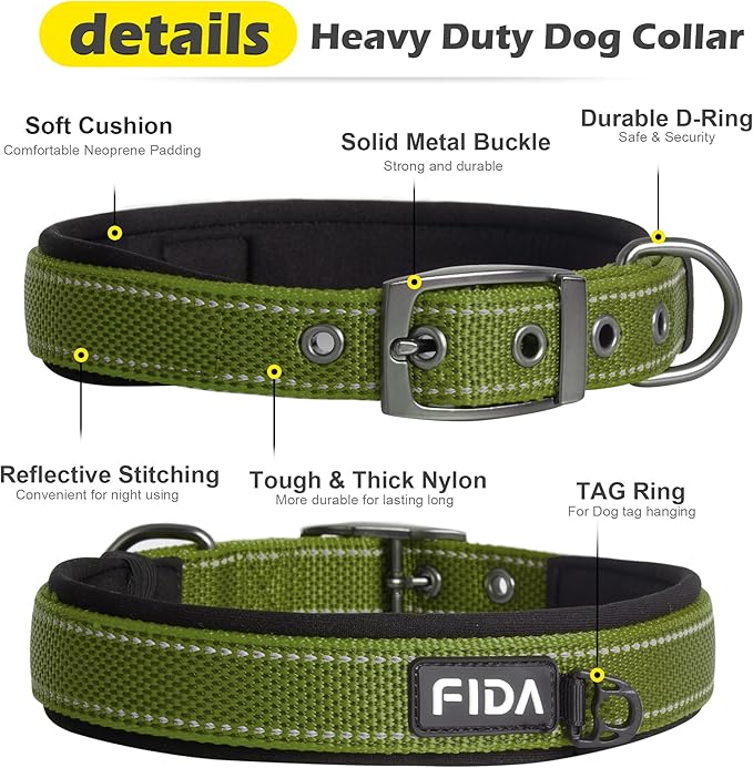 Fida Heavy Duty Dog Collar, Ultra Comfortable Soft Neoprene Padded, Adjustable Reflective Nylon Pet Collar with Durable Metal Belt Buckle for Small Breeds (S, Green)-PawvioPets