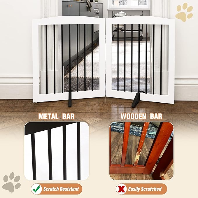 Freestanding Pet Gate for Dogs, Foldable Wooden Dog Gate for House, Indoor Pet Barrier for Stairs, Doorways, Support Feet Included, 24" Height 2 Panels, White-PawvioPets