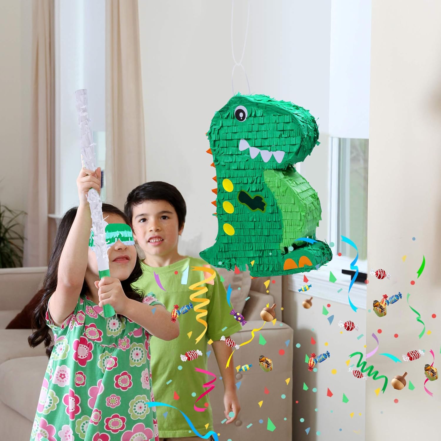 Dinosaur Pinata Bundle with a Blindfold and Bat (17x13x4 Inches), Perfect for Birthday Parties, Animal Theme Parties, Decorations