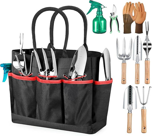 Garden Tools 9-Piece Heavy Duty Gardening Hand Tools with Fashion and Durable Garden Tools Organizer Handbag, Rust-Proof Garden Tools Set, Ideal Gardening Gifts for Women (Black Red)-PawvioPets