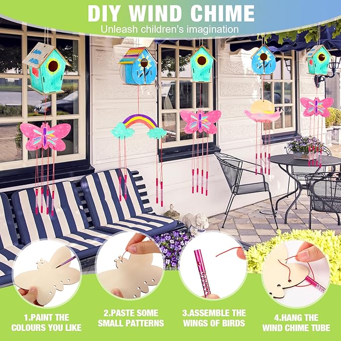 30 Pcs Crafts DIY Bird House Wind Chime Kit Unfinished Wood Birdhouse Kits 12 Wooden Birdhouses & 18 Wind Chimes Build and Paint Birdhouses Bulk Crafts Set-PawvioPets