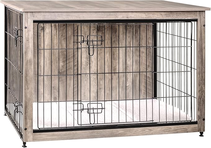 DWANTON Dog Crate Furniture with Cushion, Wooden Kennel Table with Double Doors, Indoor Dog House, Large Size, 38.5" L, Greige-PawvioPets