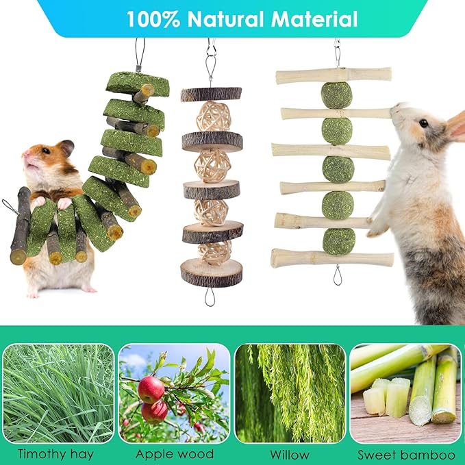 ERKOON Bunny Chew Toys, Rabbit Chew Toys for Teeth Grinding, Improve Dental Health, 100% Natural Apple Wood Timothy Grass Cake Treats for Rabbits Guinea Pigs Chinchillas Bunnies Hamsters (5 Pcs)-PawvioPets