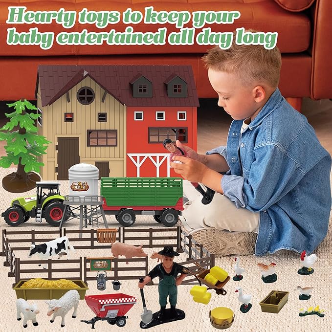 109PCS Farm Animals Toys Set Comes with Barn, Rice Storehouse, Rice Trolley, Milking shed, Farmer, Fence - Playset for Kids Toddlers Boys Girls 5+ Years Old-PawvioPets