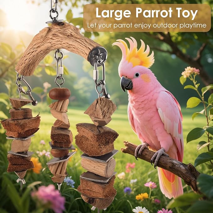 Bird Parrot Toys, Large Birds Wooden Chew Blocks with Stainless Steel Cage Hanging Bite Toy for Macaws, African Greys, Cokatoos, Amazon Parrots and Small Medium Parakeets-PawvioPets