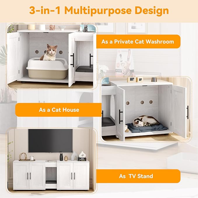 Gaomon Litter Box Enclosure with Double Cage, Cat House,Hidden Litter Box Enclosure Furniture for 2 Cats, Wooden Enclosed Cat Litter Box Furniture,55”L x 17.7”W x 22.5”H,White-PawvioPets