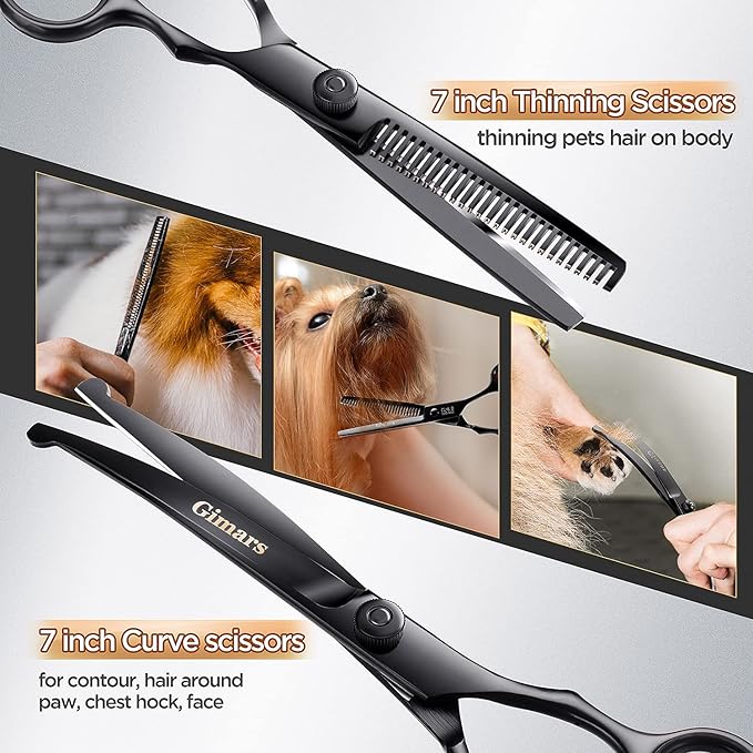 Gimars 7inch Professional 4CR Stainless Steel 6 in 1 Grooming Scissors for Dogs with Safety Round Tip, Heavy Duty Titanium Coated Pet Grooming Scissor for Dogs, Cats and Other Animals-PawvioPets