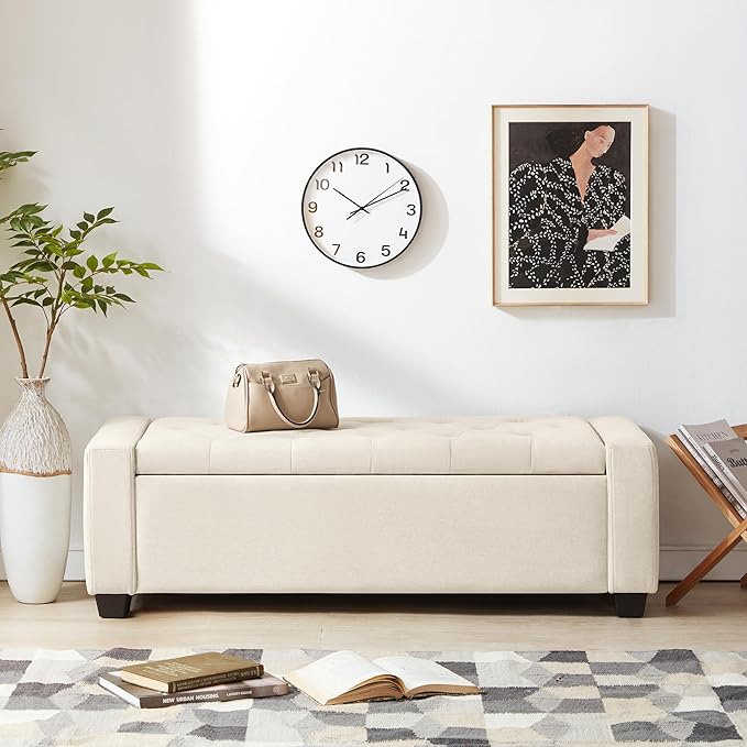 48" Ottoman with Storage, Storage Ottoman Bench with Safety Hinge, Upholstered Entryway Bench with Seating for Bedroom, Living Room, Holds up to 330 lb, Beige-PawvioPets