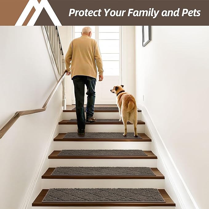 COSY HOMEER Edging Stair Treads Non-Slip Carpet Mat 28inX9in Indoor Stair Runners for Wooden Steps, Edging Stair Rugs for Kids and Dogs, 100% Polyester TPE Backing (15pc, Brown)-PawvioPets