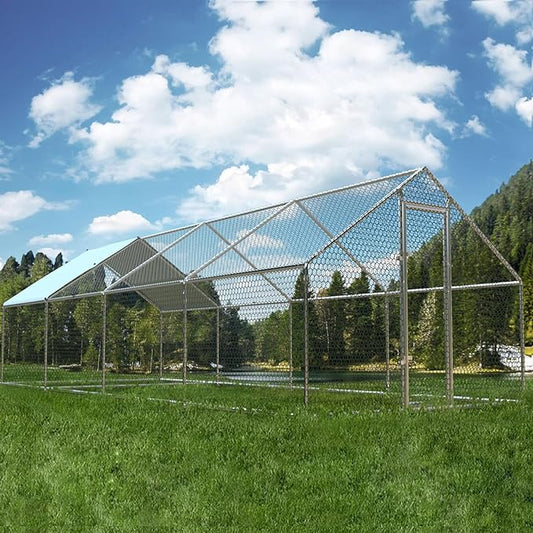 1.26’’ Large Metal Chicken Coop Walk in, Chicken Pen for Chickens, Outdoor Chicken Runs Coops Dog Kennel, Spire Roofed Chicken Runs for Yard with Anti-Ultraviolet Cover (9.8’Lx26.2’Wx6.4’H)-PawvioPets