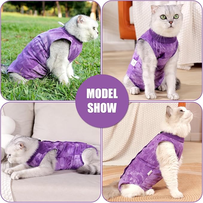 Cat Recovery Suit for Male and Female Surgical Post Surgery Soft Cone Onesie Tie Dye Cats Shirt Clothes Neuter Licking Protective Diapers Outfit Cover Kitten Spay Collar Alternative(Purple, L)-PawvioPets