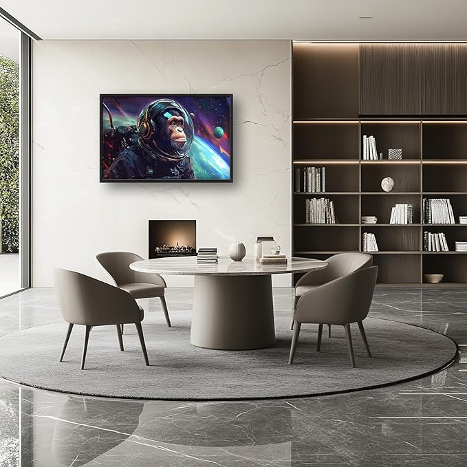 Framed Large Monkey Astronaut Wall Art, Oversized Chimpanzee Spacemen Wall Decor for Living Room, Outer Space Canvas Painting Pictures Modern Artwork for Living Room Bedroom Office 36"x24"-PawvioPets