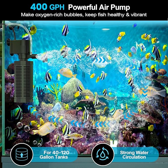 Aquarium Internal Filter for 30~100 Gallons - Ultra-Quiet Fish Tank Filters 400GPH Submersible Power Pump Filter with Biochemical Filtration Air Supply Water Clean-PawvioPets