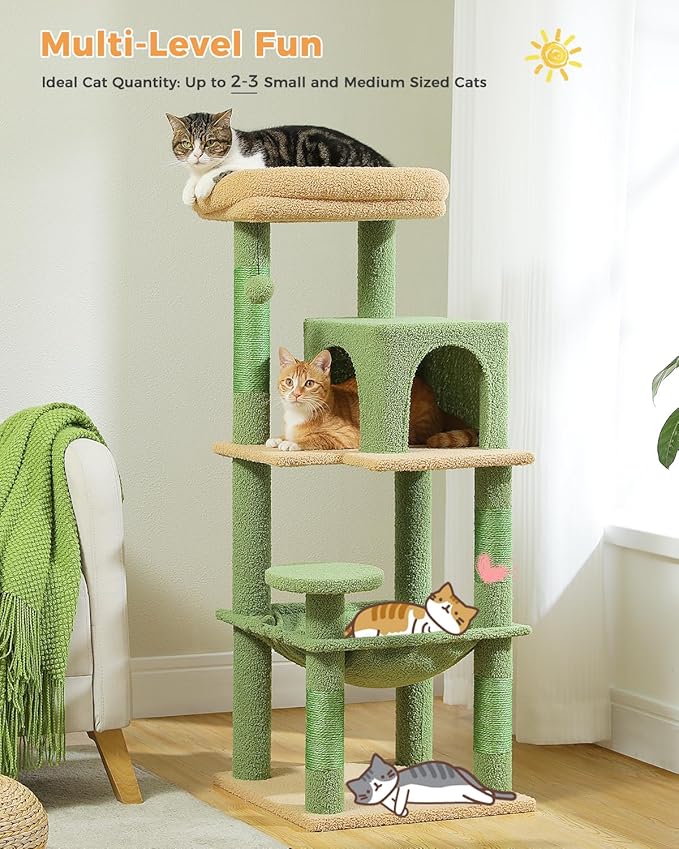 Cactus Cat Tree for Indoor Cats, 45.7" Multi-Level Cat Tower with Large Metal Frame Hammock, Cat Condo with 4 Scratching Posts and Top Perch, Green-PawvioPets