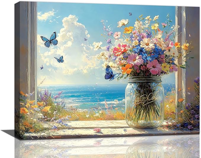Beach Floral Bathroom Pictures Wall Art, Colorful Flower Bathroom Wall Decor, Coastal Ocean Framed Painting Canvas Artwork for Bedroom Living Room Decorations 16"L x 12"W-PawvioPets