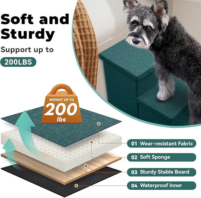 Dog Stairs with Storage 18" H, 3-Step Wider Dog Steps for Small/Medium/Large Old Dogs Cats, Folding Sturdy Pet Stairs for Climbing Bed Couch, Ramp for Car Hold Up to 200 lbs, Dark Green-PawvioPets
