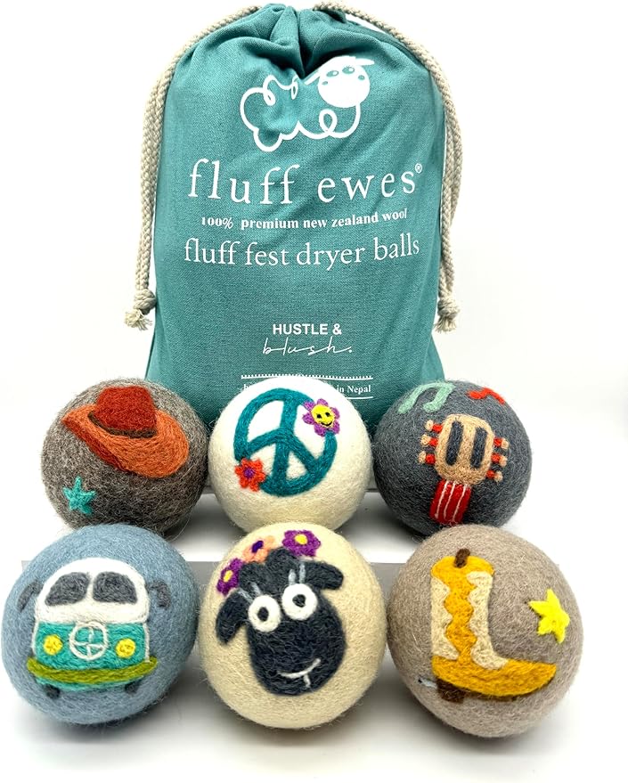 Fluff Ewes Wool Dryer Balls 6 Pack Premium New Zealand Wool Laundry Balls for Dryer, No Static Dryer Balls Laundry Reusable, XL Wool Dryer Balls Cute, Baby Dryer Balls for Dryers - Fluff Fest-PawvioPets