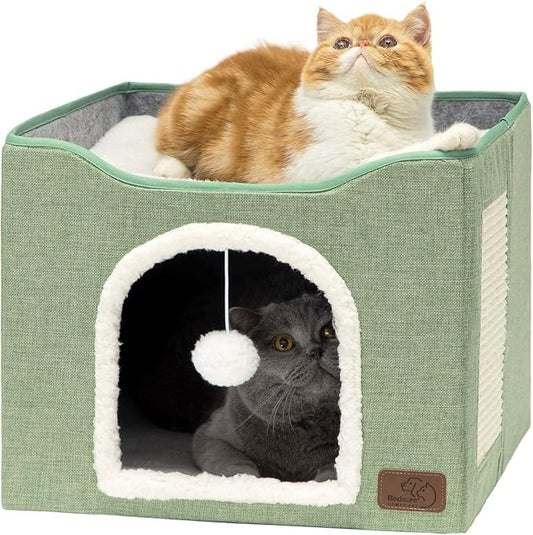 Bedsure Cat Beds for Indoor Cats - Large Cat Cave for Pet Cat House with Fluffy Ball Hanging and Scratch Pad, Foldable Cat Hideaway, 16.5x16.5x13 inches, Green-PawvioPets