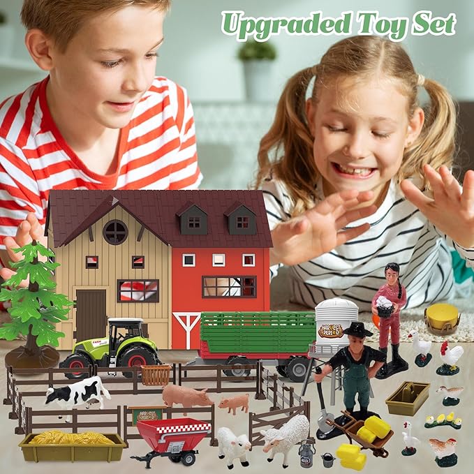 109PCS Farm Animals Toys Set Comes with Barn, Rice Storehouse, Rice Trolley, Milking shed, Farmer, Fence - Playset for Kids Toddlers Boys Girls 5+ Years Old-PawvioPets