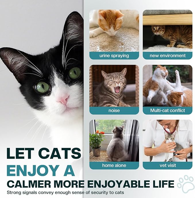 Cat Calming Diffuser 6 in 1 Multicat Calming Pheromones Diffusers Relief Stress Anxiety Fighting Scratching 90 Days Calm Relaxing Pheromone for Cats kit 48ml Refill Fits All Common Diffuser Plug In-PawvioPets