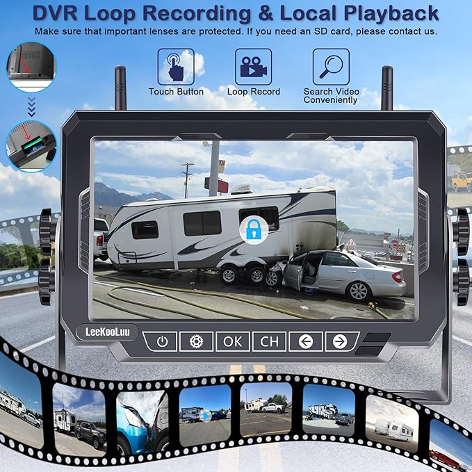 Dual RV Backup Cameras Wireless - Ease Install Plug-Play Recording HD 1080P 7'' Touch Key Monitor Trailer Truck Rear View Cam Night Vision Signal No-Delay 4 Channels for Furrion Pre-Wired Mount-PawvioPets