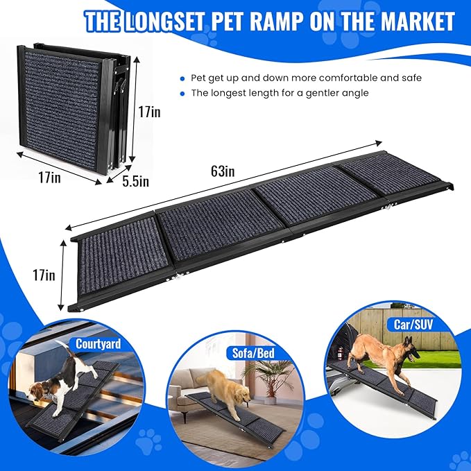 Dog Ramp for Car, 63"x17" Foldable Car Ramp for Dogs, Dog Car Dog Ramps for Large Dogs SUV, Car Dog Ramp with Non-Slip Rug Surface, Folding Dog Ramp for Truck, SUV-PawvioPets