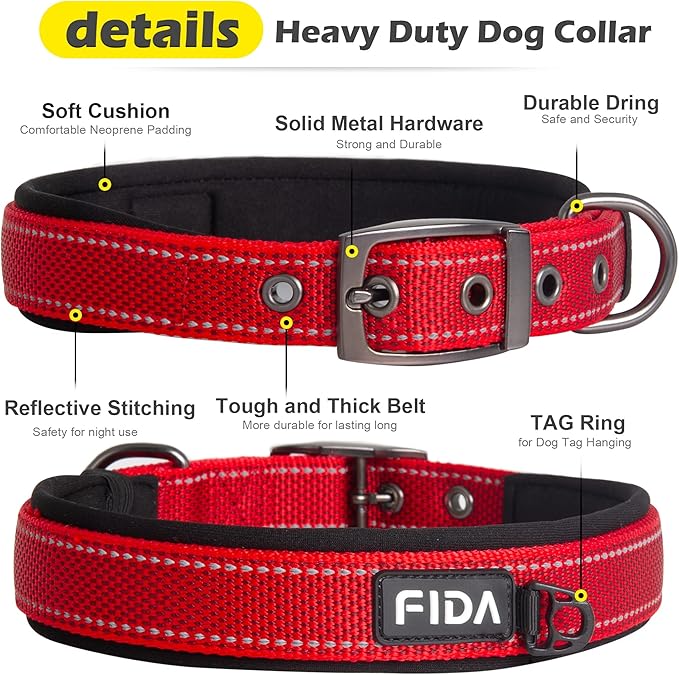 Fida Heavy Duty Dog Collar, Ultra Comfortable Soft Neoprene Padded, Adjustable Reflective Nylon Pet Collar with Durable Metal Belt Buckle for Small Breeds (S, Red)-PawvioPets
