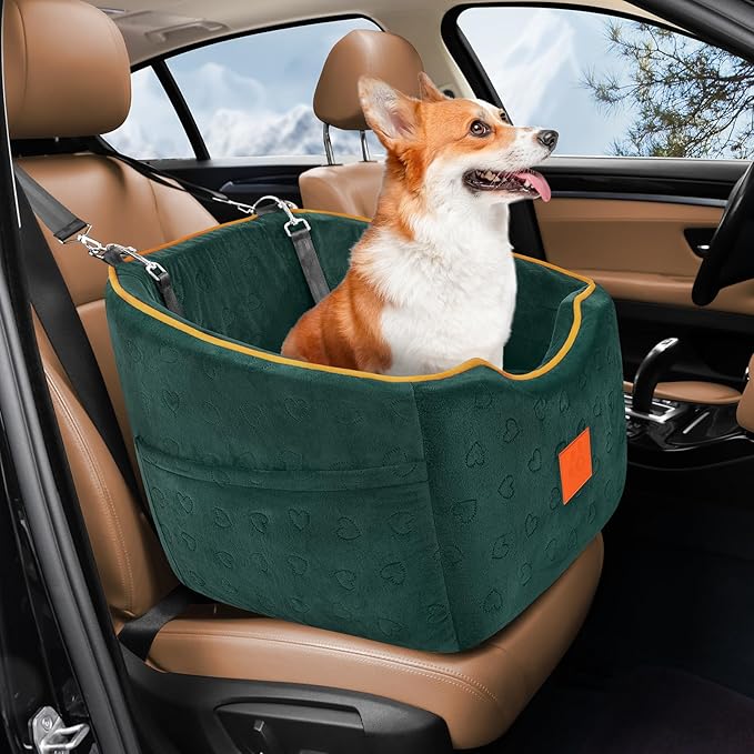 Dog Car Seat for Small Dogs, Memory Foam Booster Dog Seat for Dogs up to 35 lbs, Elevated Pet Car Seat, Travel Safety Pet Seat with Washable Removable Cover, Storage Pockets (Green)-PawvioPets