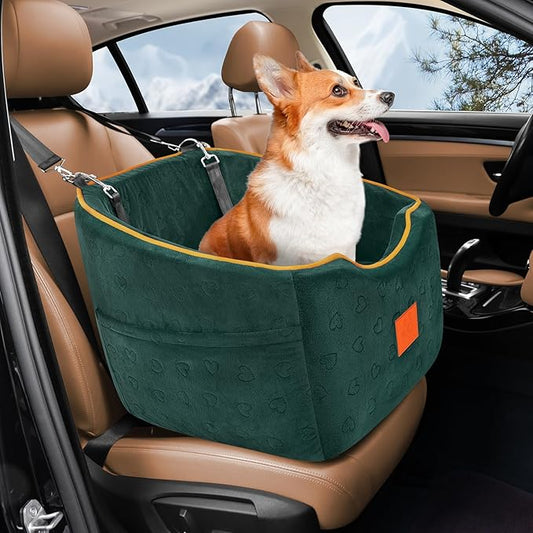 Dog Car Seat for Small Dogs, Memory Foam Booster Dog Seat for Dogs up to 35 lbs, Elevated Pet Car Seat, Travel Safety Pet Seat with Washable Removable Cover, Storage Pockets (Green)-PawvioPets