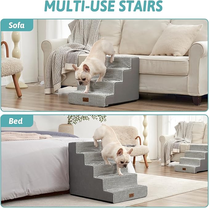 Dog Stairs for Small Dogs, 5 Tier Wider Pet Stairs for High Beds, 23.6" H Non-Slip Dog Steps for Old Cats, Puppies, Small Medium Dogs, 29.5x19.7x23.6 inch, White Black-PawvioPets