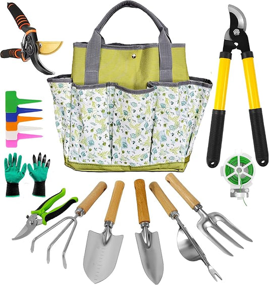 Gardening Tools – 42 Piece Premium Gardening Tool Set,Heavy Duty Hand Tools with Fashion Garden Tools Organizer Handbag,Rust-Proof Gardening Tool Kit, Ideal Gardening Gifts for All (Green Floral)-PawvioPets